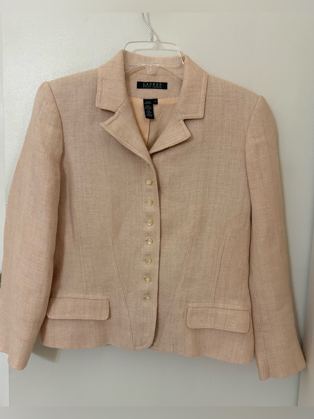 Lauren Ralph Lauren 100% Linen  Pink Peach Cream Tweed Button-Front Blazer Sz:10